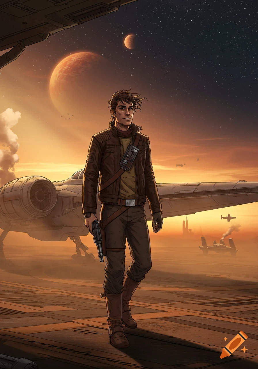 Illustrated man with a blaster walks on a desert landing pad with spaceships, planets in the sunset sky.