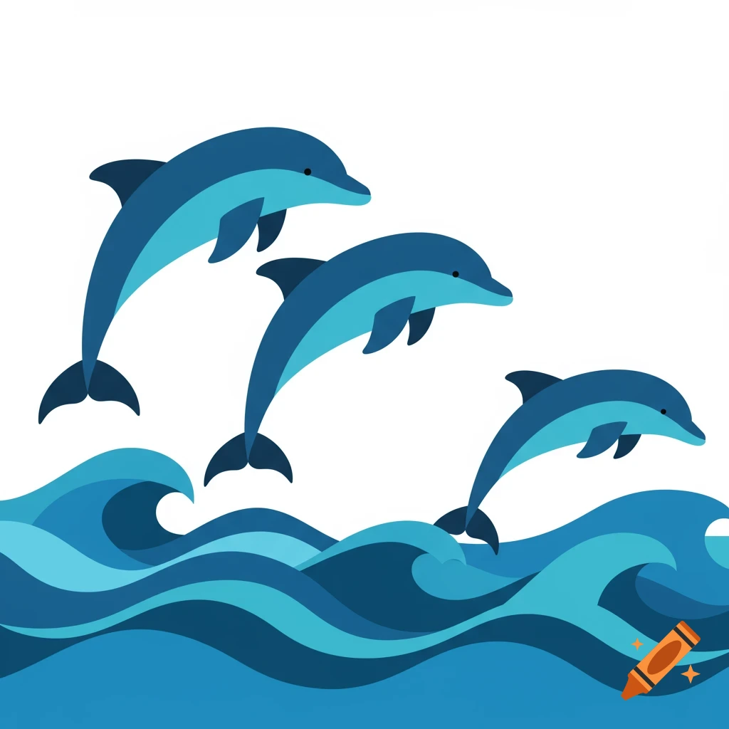 Three stylized blue dolphins leap above blue ocean waves on a white background.