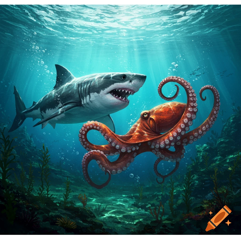 An aggressive great white shark with an open mouth swims toward a large red octopus in a vibrant underwater scene.