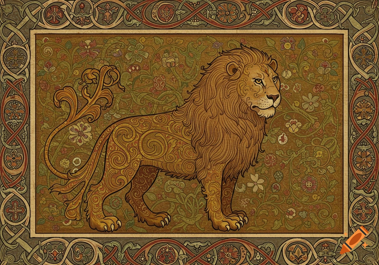 Stylized golden lion in medieval manuscript art with intricate patterns on a floral background, surrounded by an ornate border.