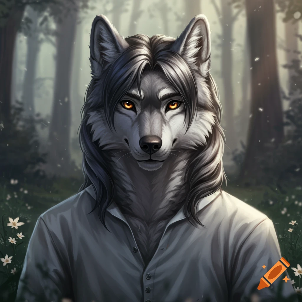 Illustrative portrait of a grey male wolf fursona with long dark hair, orange eyes, wearing a white shirt, in a forest with flowers.