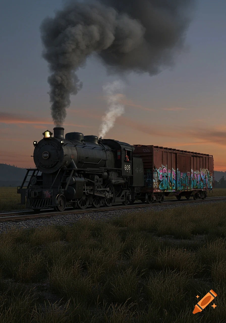 Black steam train with a graffiti-covered boxcar on a track in a grassy field at sunset, billowing smoke.