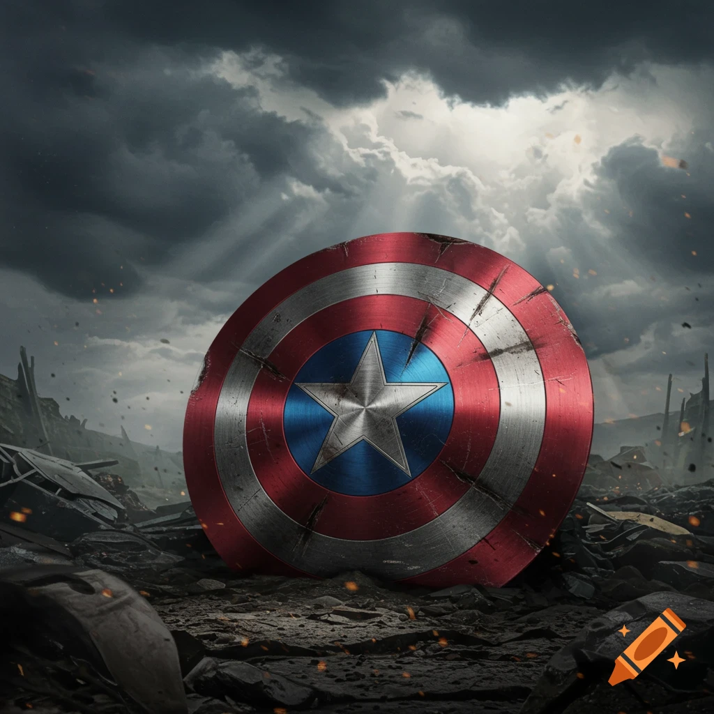 A distressed Captain America shield lies on debris in a ruined landscape under a stormy sky with sun rays breaking through.