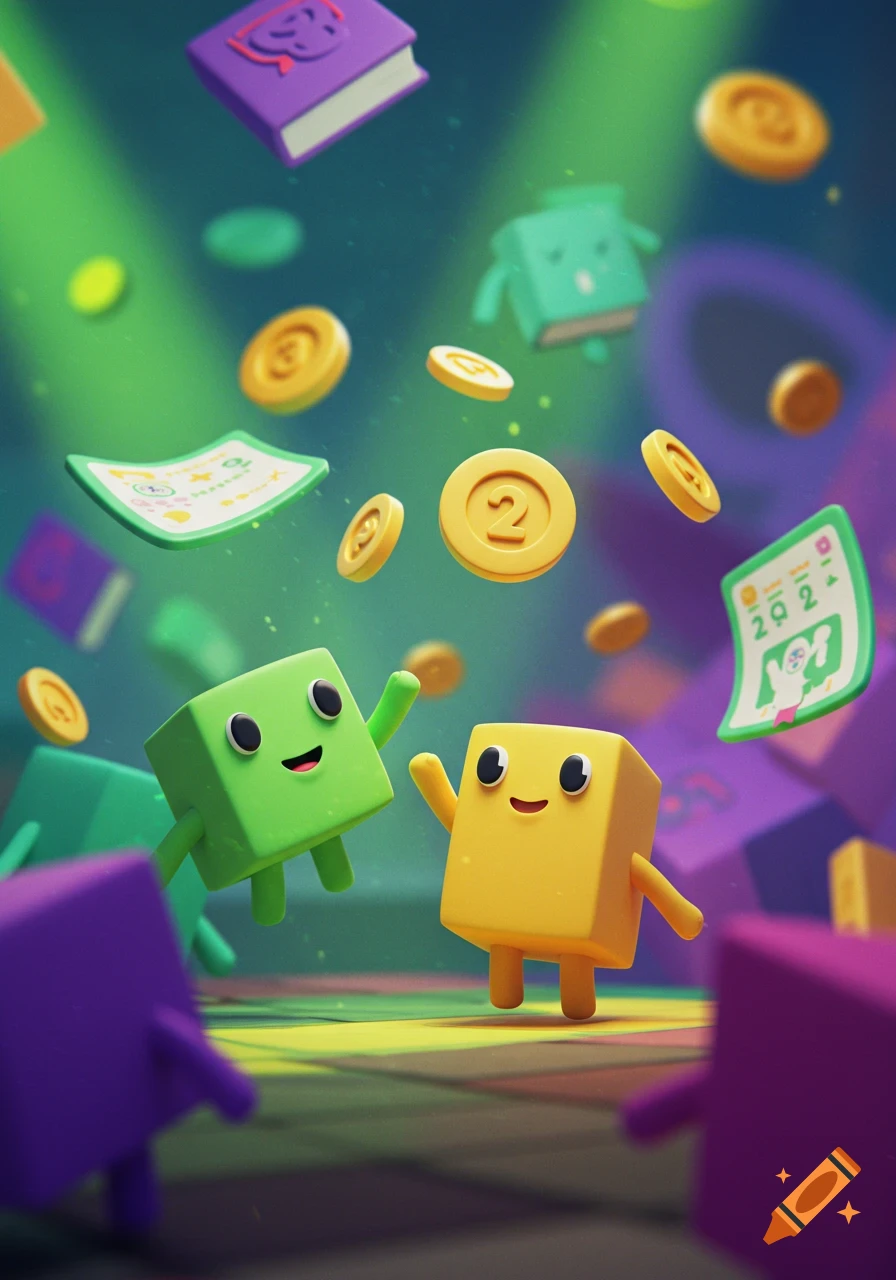 Two happy green and yellow block characters jump amidst floating books, coins, and papers in a colorful 3D render.