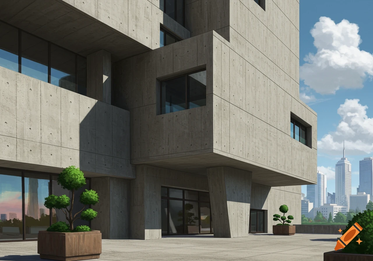 A modern concrete building with large windows and potted plants outside, set against a city skyline and blue sky.