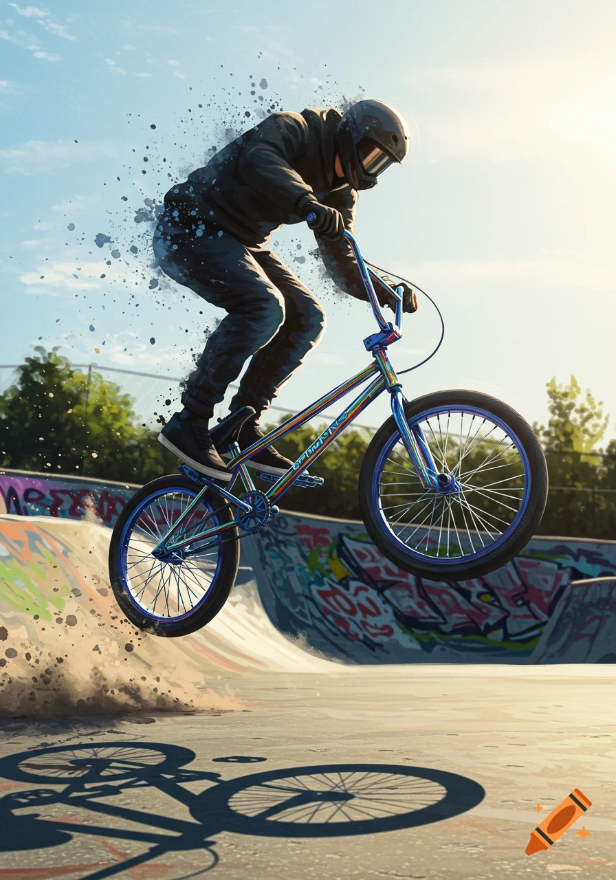 Illustrative image of a person on a BMX bike airborne over a skatepark ramp, with a dramatic sky and splash effects.