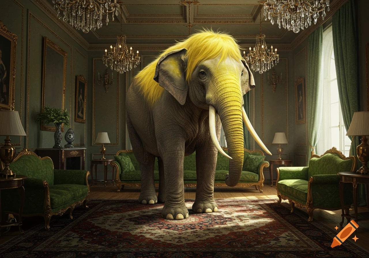 A large grey elephant with striking yellow hair stands in a luxurious green room with chandeliers and ornate furniture.