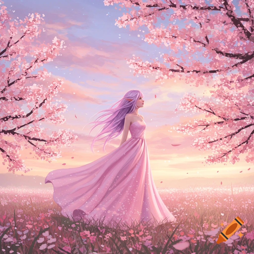 A fantasy girl with long purple hair and elf ears in a flowing pink dress stands in a field of pink cherry blossoms under a pastel sky.