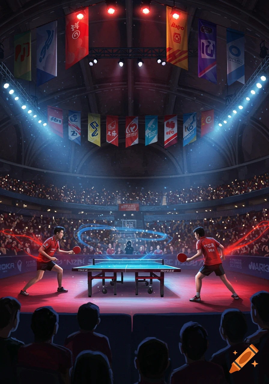Two men play table tennis in a brightly lit, packed arena during a championship match, with glowing trails from the ball.