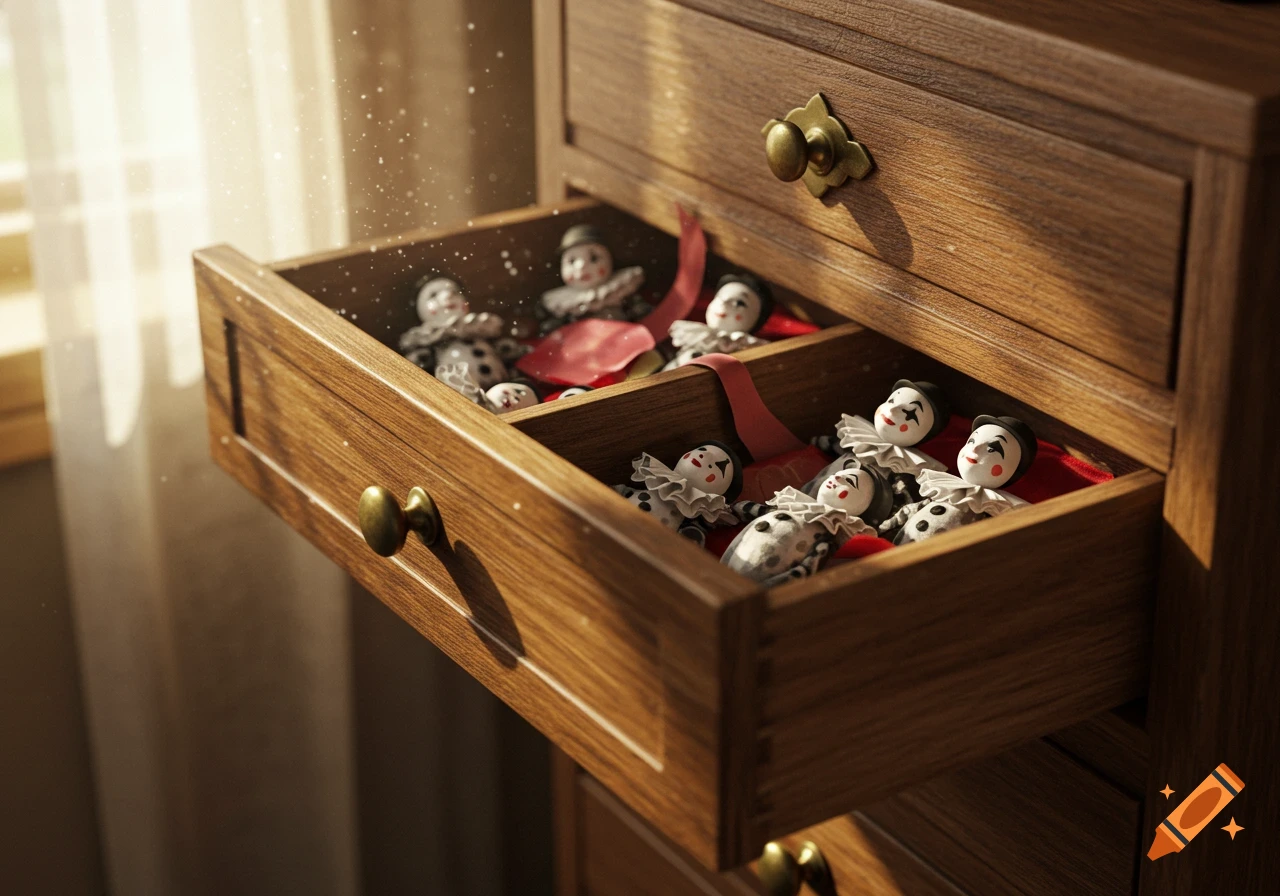 Several mime dolls with white faces and black features rest on red fabric inside an open wooden drawer, bathed in sunlight.