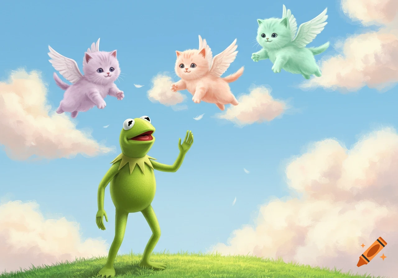 Kermit the Frog waves at three flying pastel kitten angels with wings against a blue sky with clouds, illustration.
