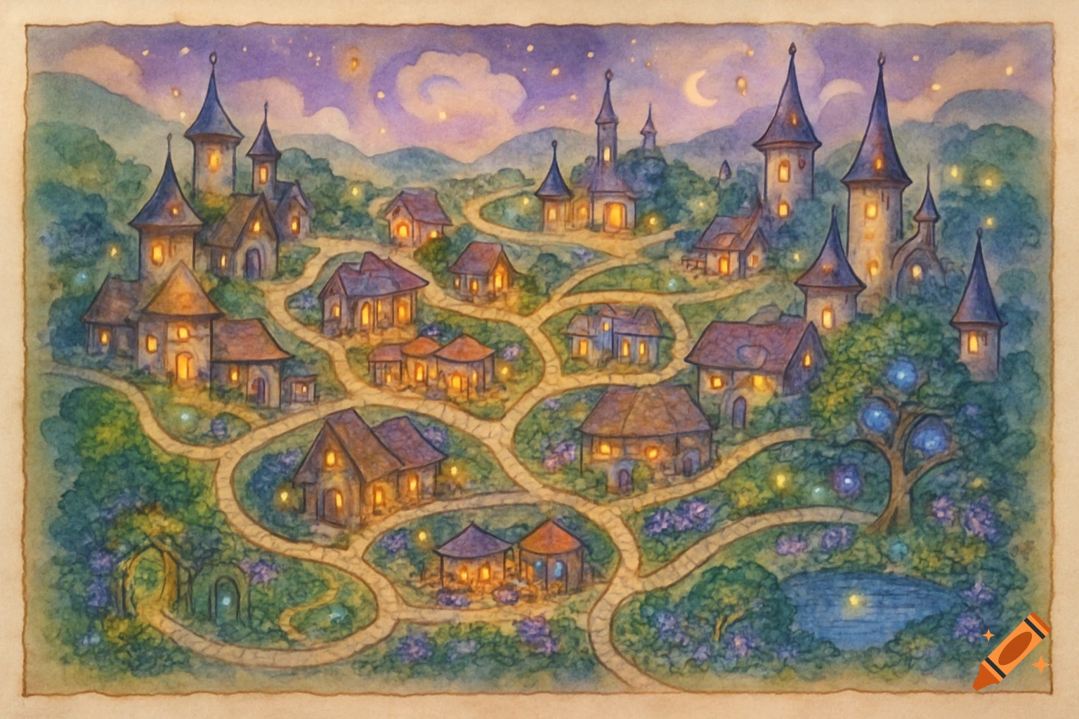 Watercolor map of a magical village at dusk with winding paths connecting houses with glowing windows under a starry, cloudy sky.