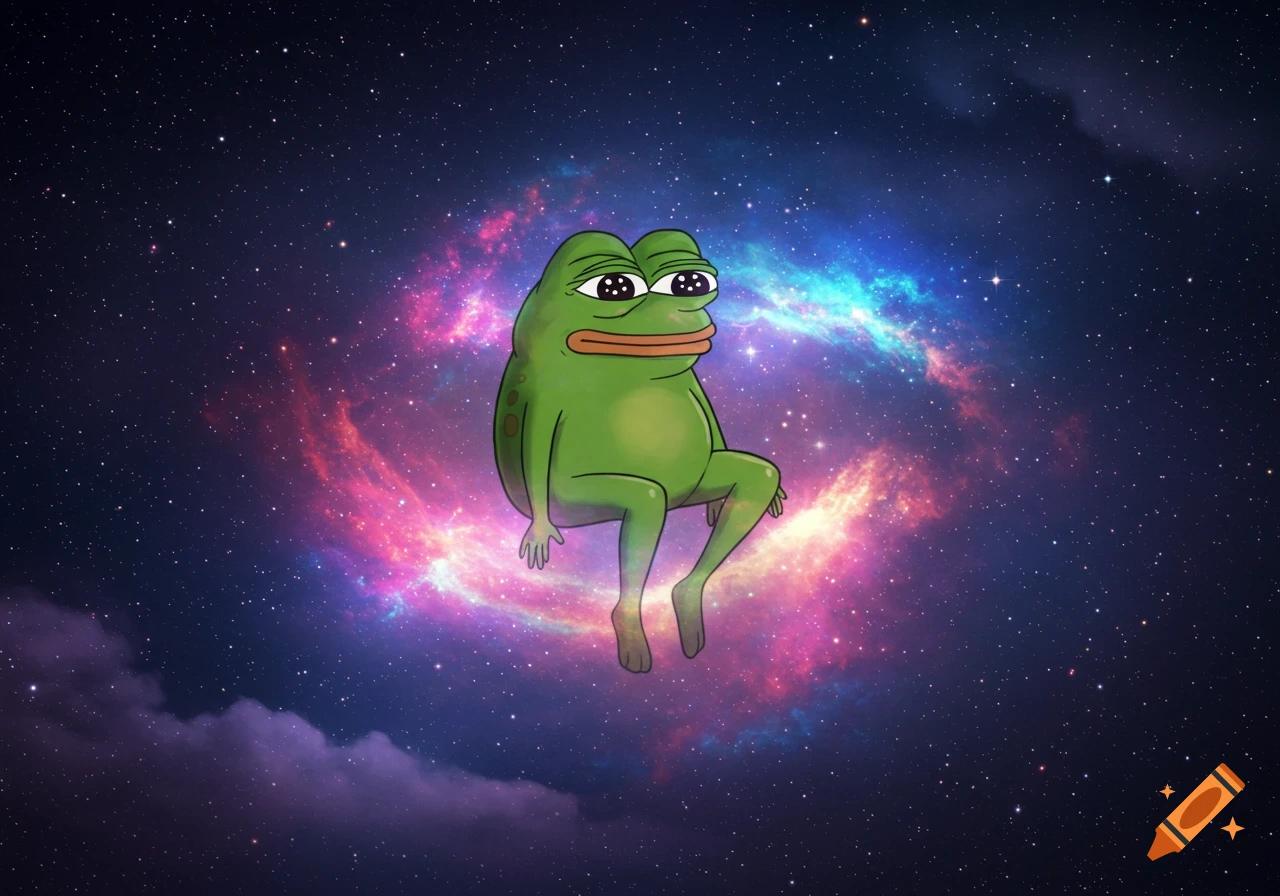 A cartoon Pepe the frog floats in deep space amidst a vibrant, colorful nebula and sparkling stars.