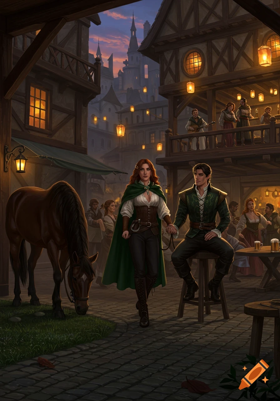 A fantasy scene outside a lively tavern at dusk, featuring a woman in a green cape holding hands with a man, next to a horse.