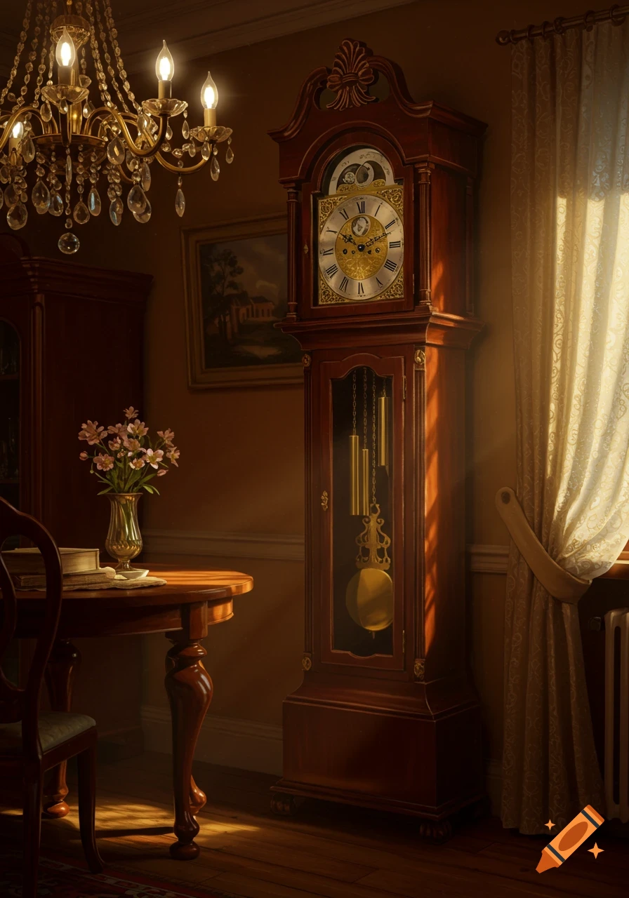 A detailed, warm-toned interior scene with a large wooden grandfather clock, ornate chandelier, and sunlit window curtains.