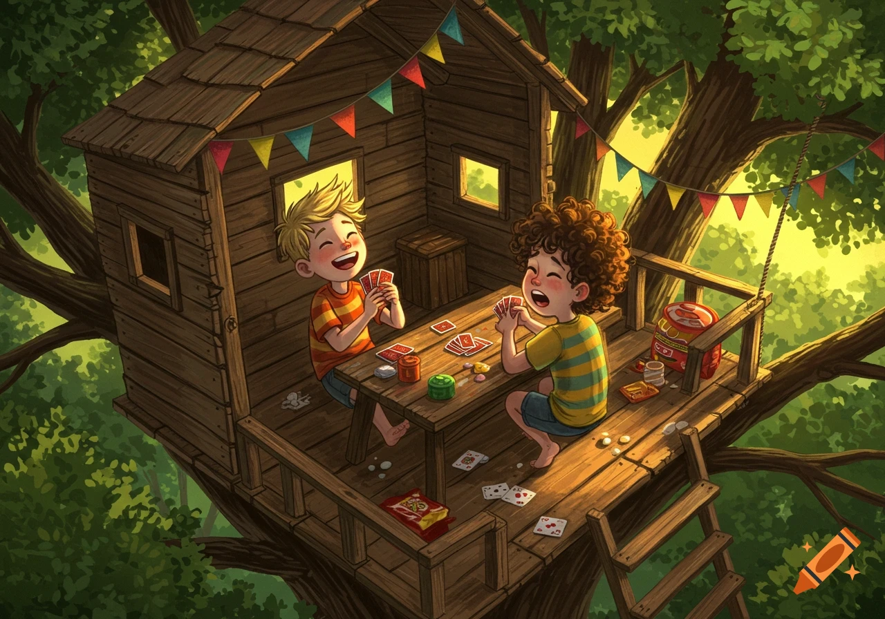 Two laughing boys play cards inside a cozy wooden treehouse, surrounded by lush green trees, in an illustration style.