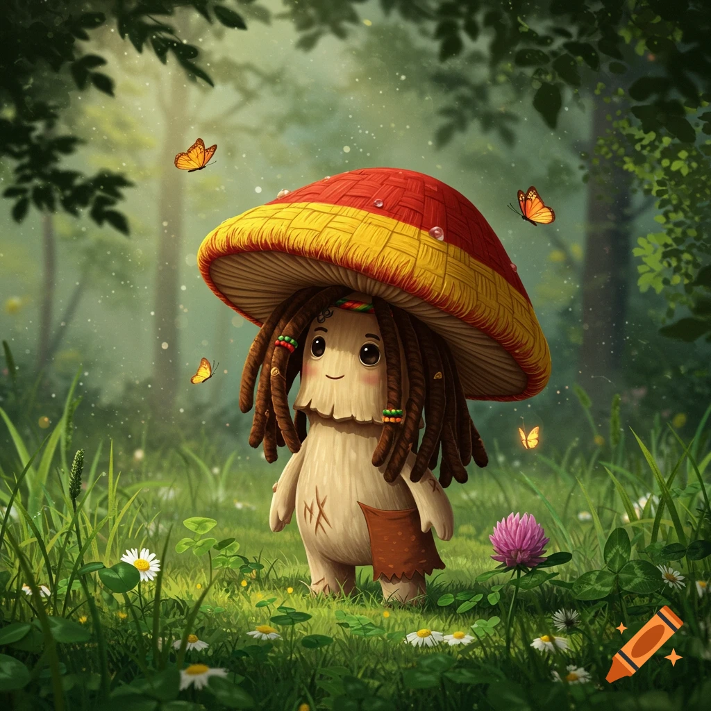 Cute rastafari mushroom character with dreadlocks and a red and yellow cap stands in a lush green forest with butterflies, cartoon style.