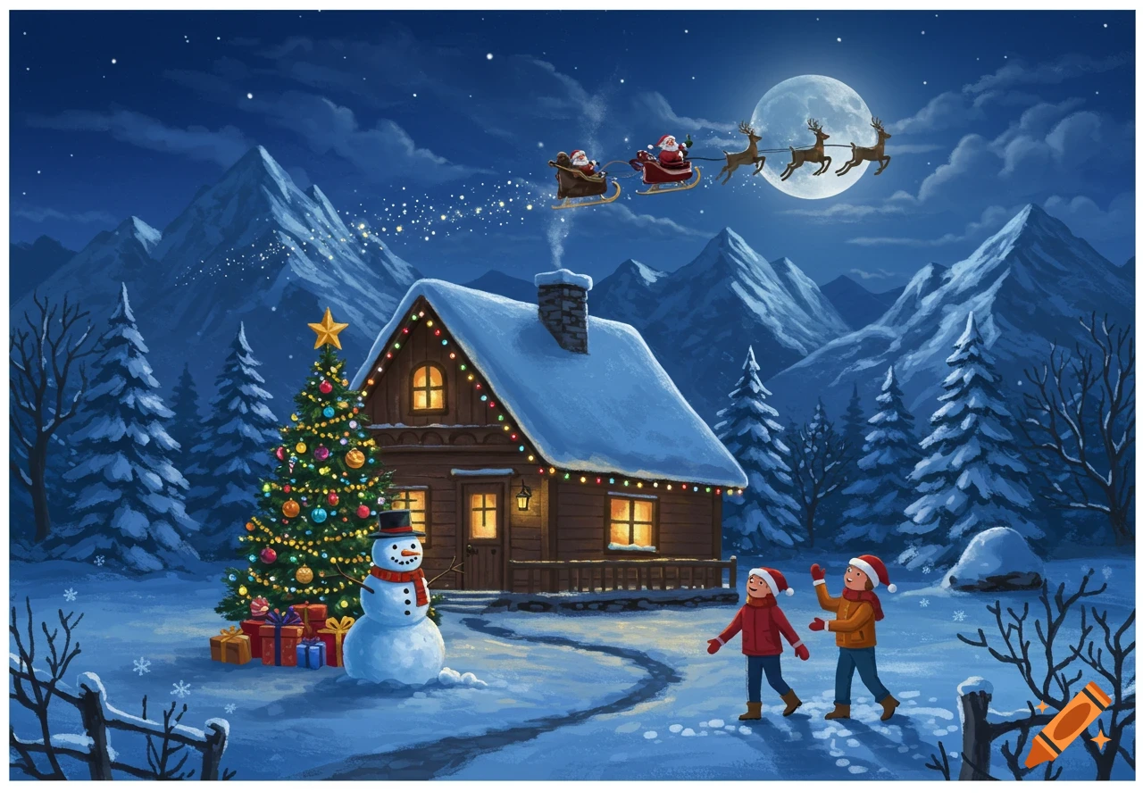 A festive winter night illustration with a snow-covered cabin, a decorated Christmas tree, snowman, and two children, under a full moon with Santa's sleigh flying over snowy mountains.