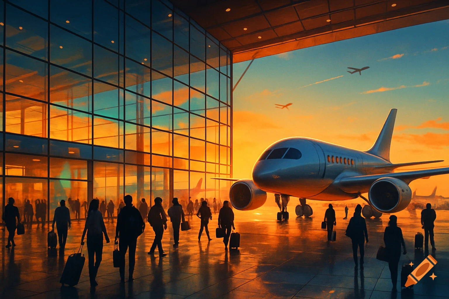 A stylized image of an airport terminal at sunset, with a large airplane on the tarmac and silhouetted travelers walking inside.