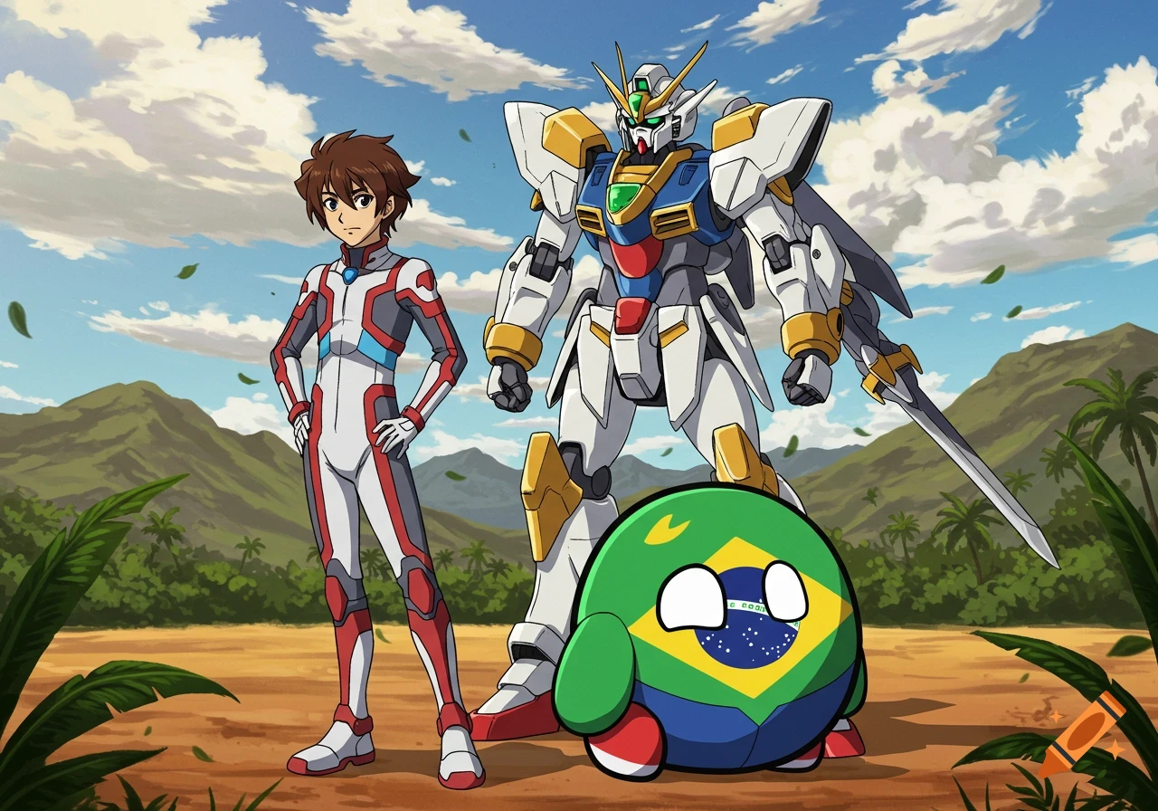 An anime character and a large white, gold, and blue robot stand with a spherical Brazilian flag creature in a tropical landscape.