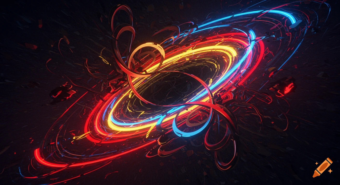 Abstract dark background with bright, swirling red, yellow, and blue neon light trails forming a vortex.