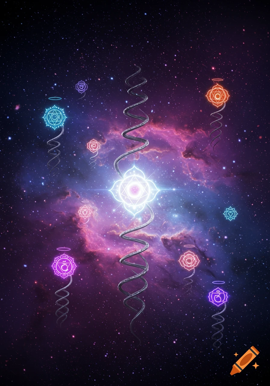 A vibrant cosmic scene with a purple nebula, twinkling stars, and glowing chakra symbols connected by swirling silver tendrils.