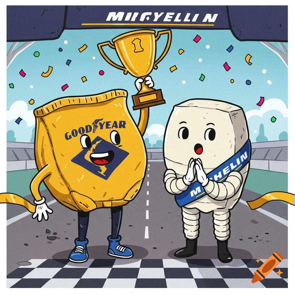 A colorful cartoon shows a yellow Goodyear bag holding a gold trophy and a white Michelin bag clapping at a finish line.