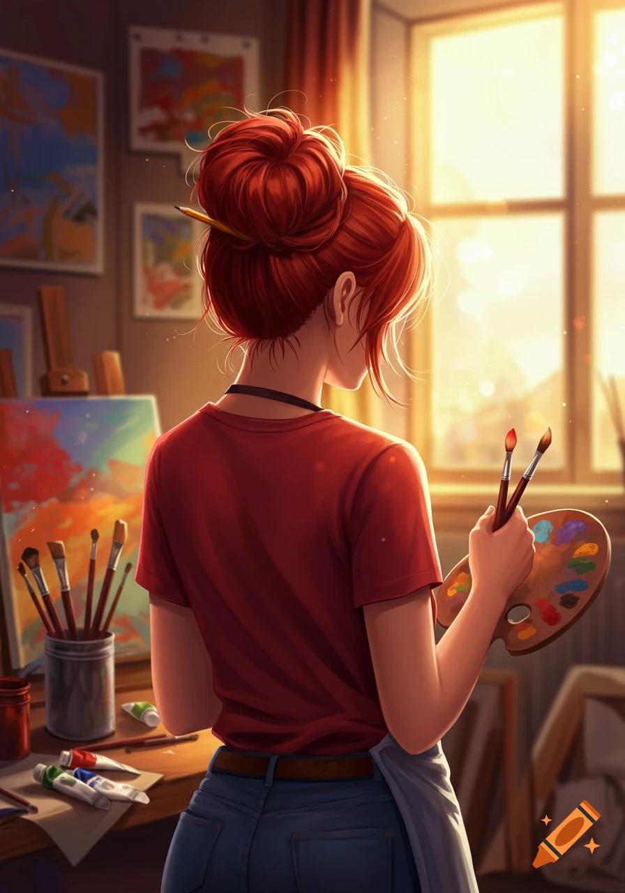 Anime-style illustration of a red-haired woman with a bun, seen from behind, painting in a sunlit art studio.
