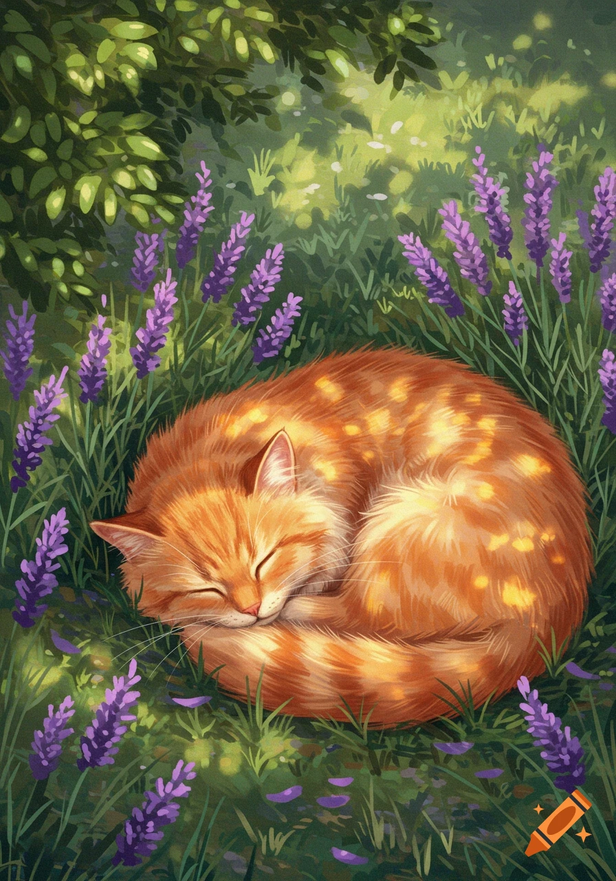 An illustrated fluffy ginger cat sleeps curled up in a lush field of purple lavender flowers and green foliage.