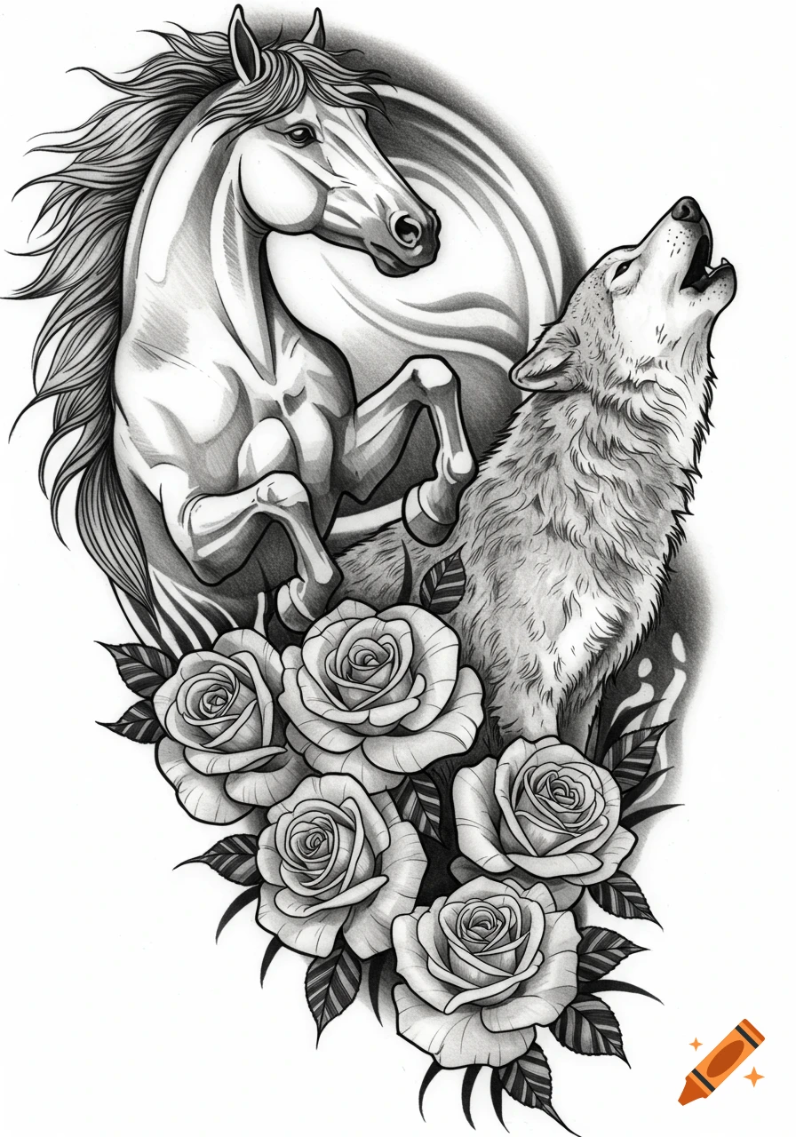 A black and white tattoo design features a rearing horse, a howling wolf, and blooming roses.