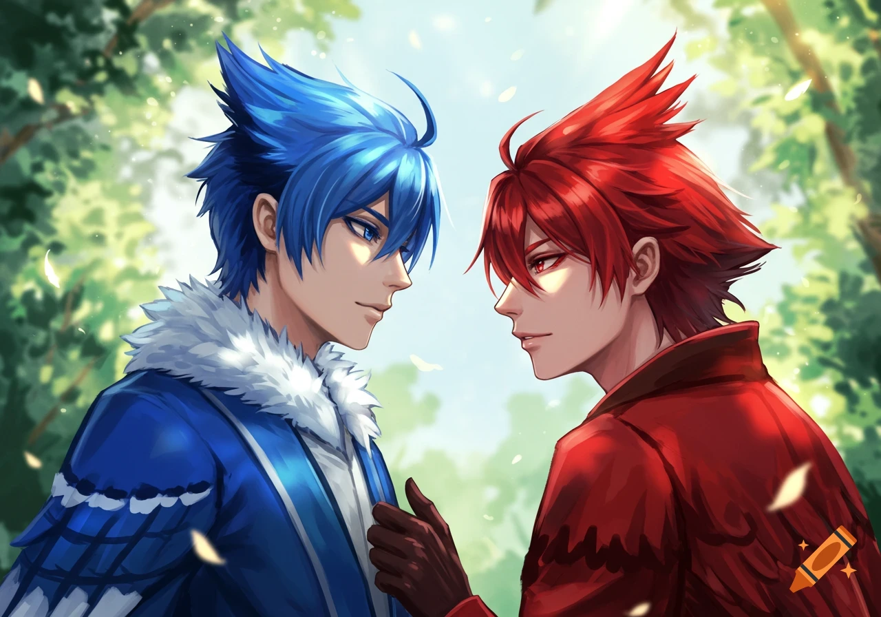 Two anime boys, one with blue hair like a blue jay, the other with red hair like a cardinal, looking at each other in a forest.