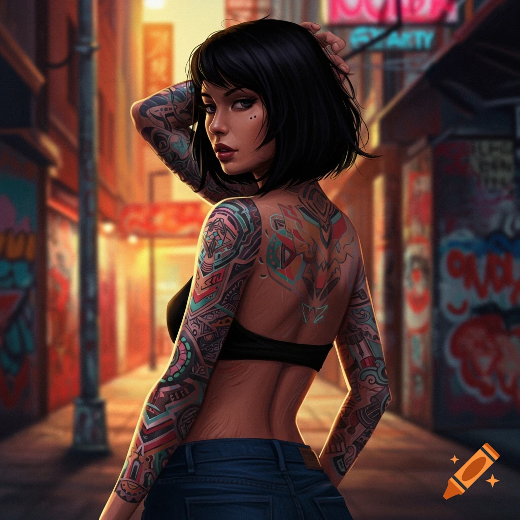 A woman with dark hair and colorful full-sleeve tattoos poses in an urban alley, looking over her shoulder. Digital art style.