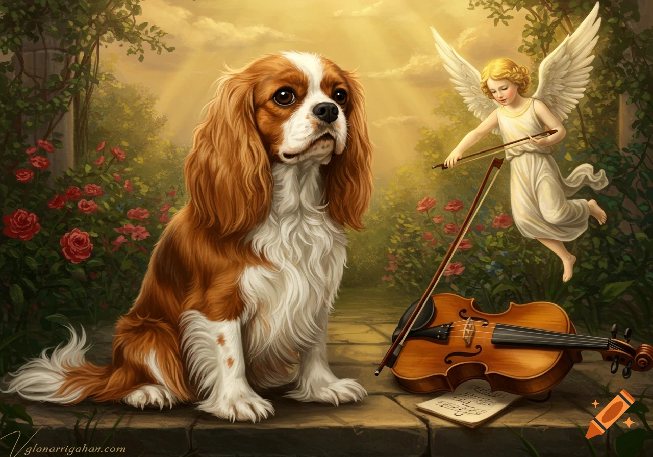 An illustrated Cavalier King Charles Spaniel sits in a garden as a small angel floats nearby, playing a violin.