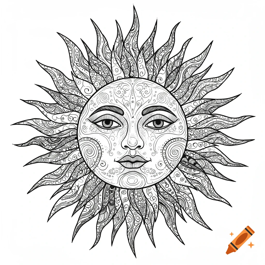 Black and white line art drawing of a stylized sun with a human-like face, adorned with intricate, decorative patterns.