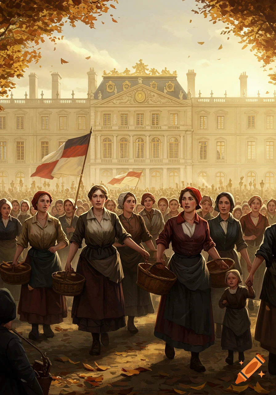 Historical illustration of a crowd of women with baskets and flags marching towards a grand palace under autumn leaves.