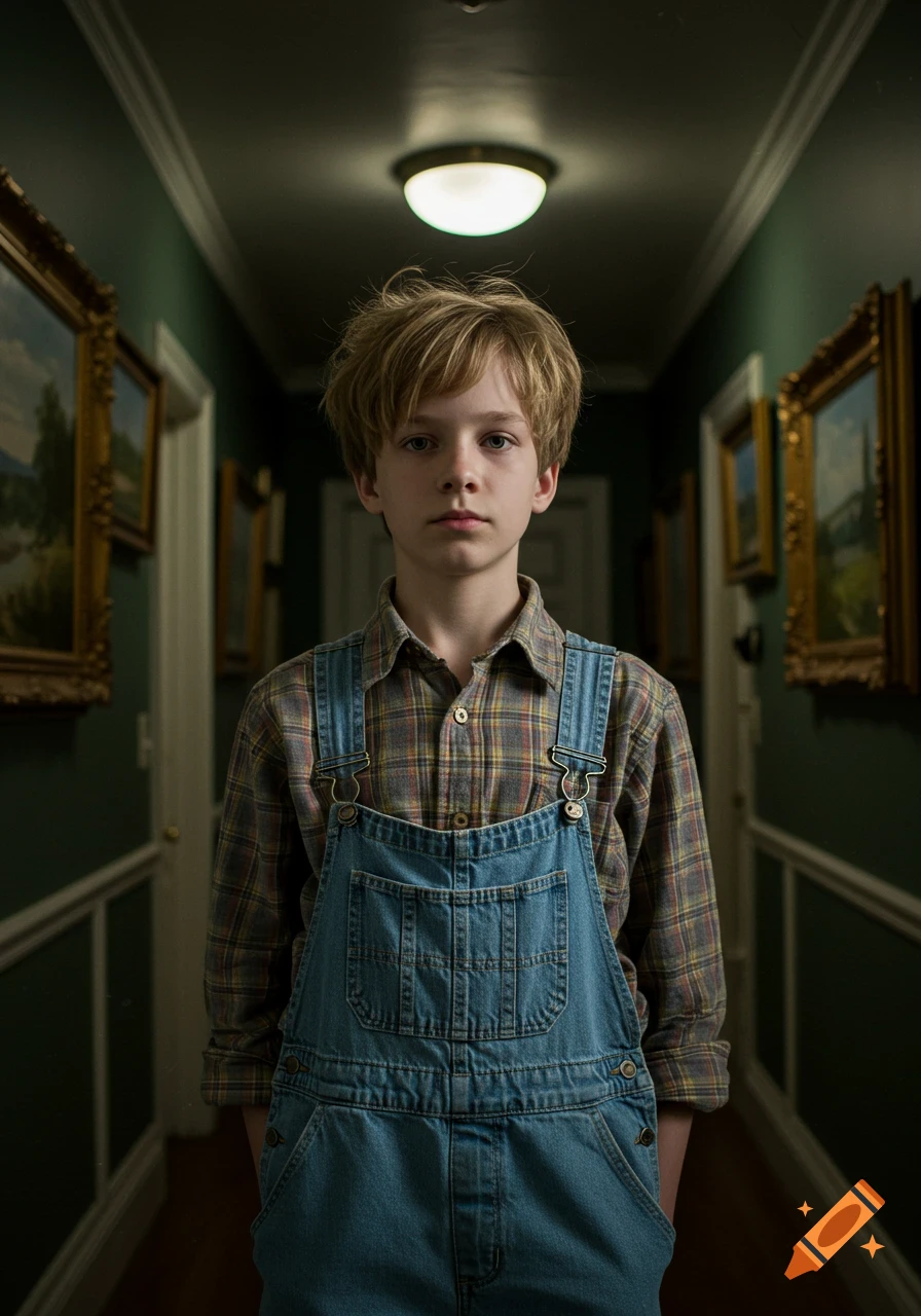 A 13-year-old boy with blond hair, wearing a plaid shirt and denim overalls, stands in a dimly lit, vintage hallway with paintings. Cinematic.