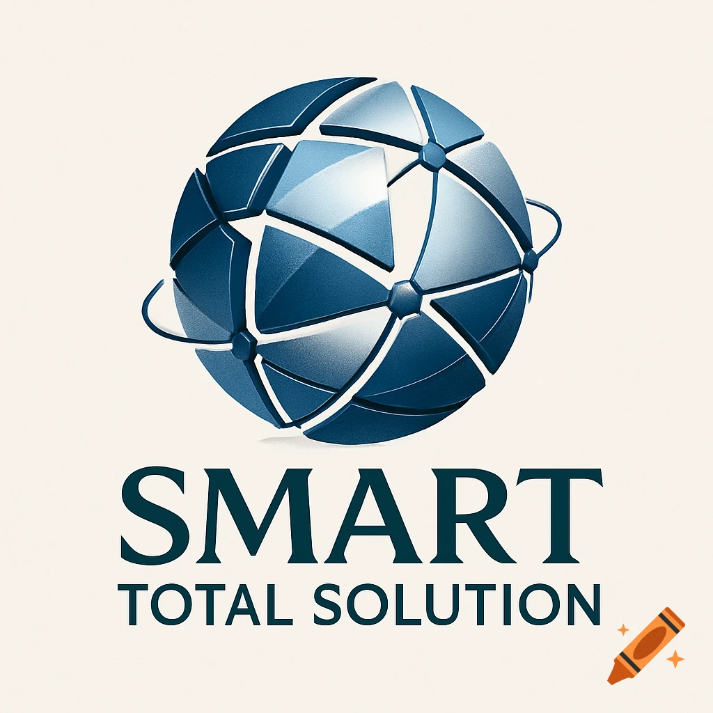 A blue and silver abstract globe logo with connected segments, above the text "SMART TOTAL SOLUTION".