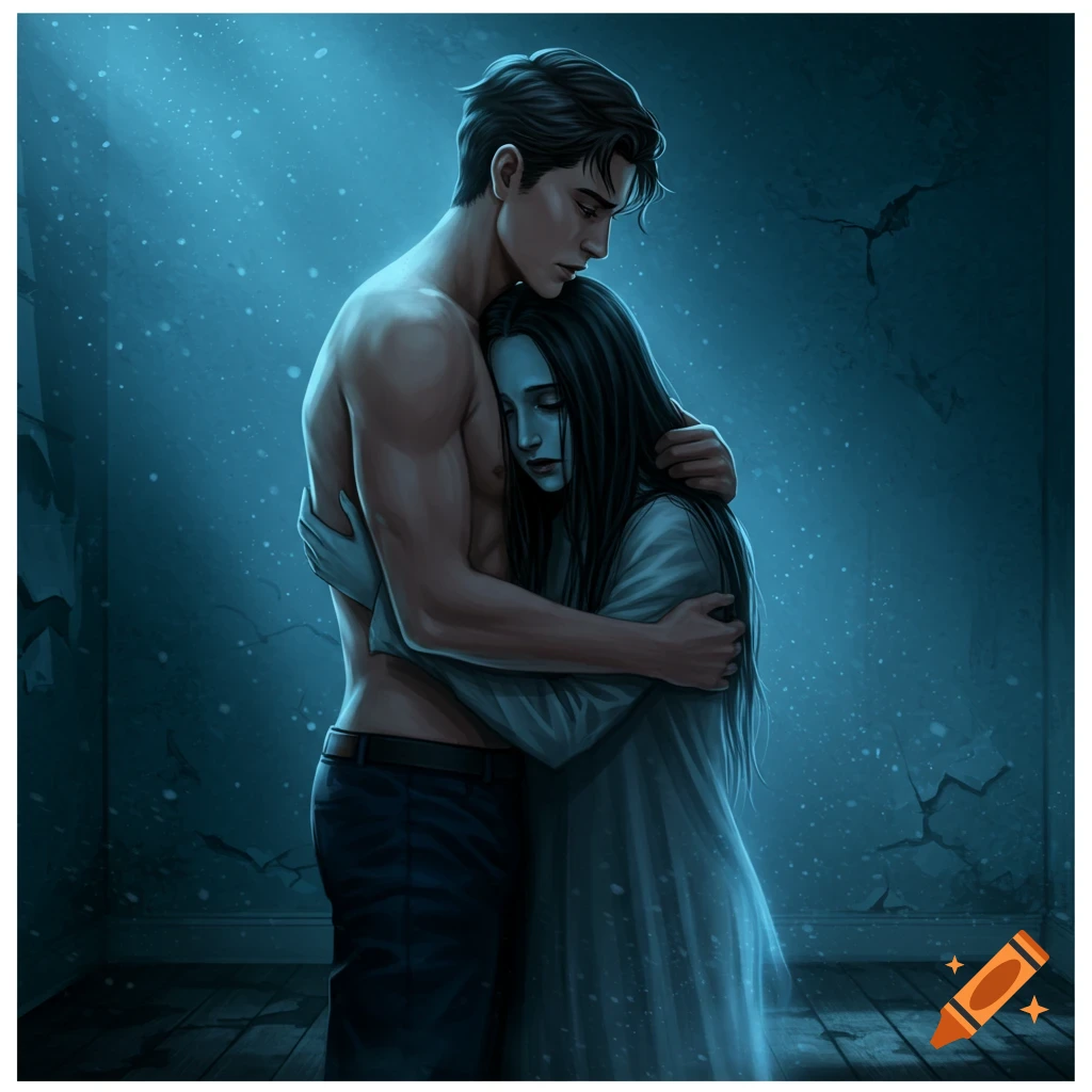 A shirtless man gently holds a ghostly, pale woman with long dark hair who is crying into his chest, in a dark, cracked room, digital art.