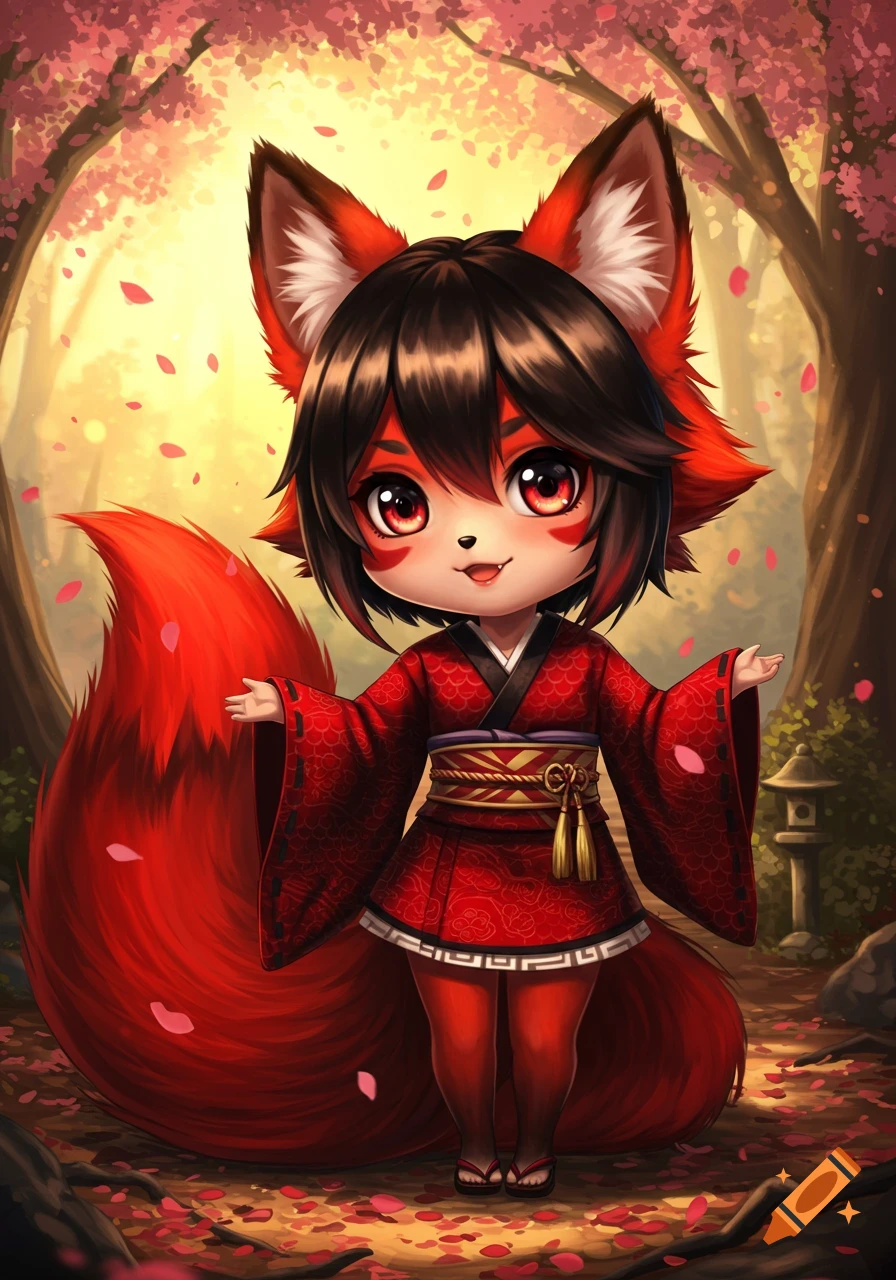 A cute anime chibi fox girl with red and black fur and hair, wearing a red kimono, stands in a cherry blossom forest.