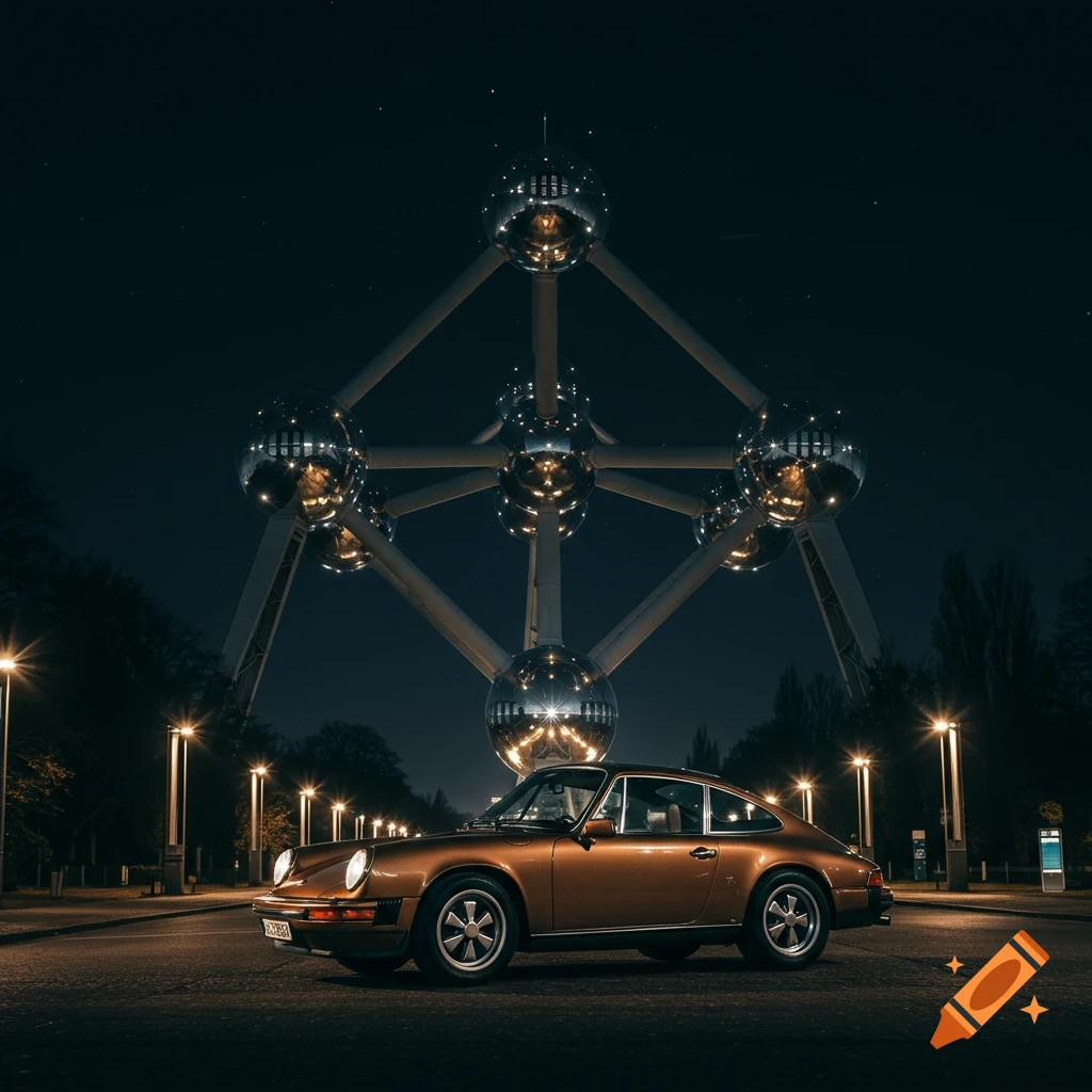 A bronze Porsche 911SC is parked on a road at night with streetlights, in front of the illuminated Atomium in Brussels.