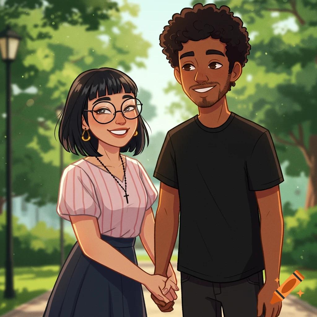 A smiling cartoon couple, a woman with black hair and glasses and a man with curly hair, holding hands in a park.