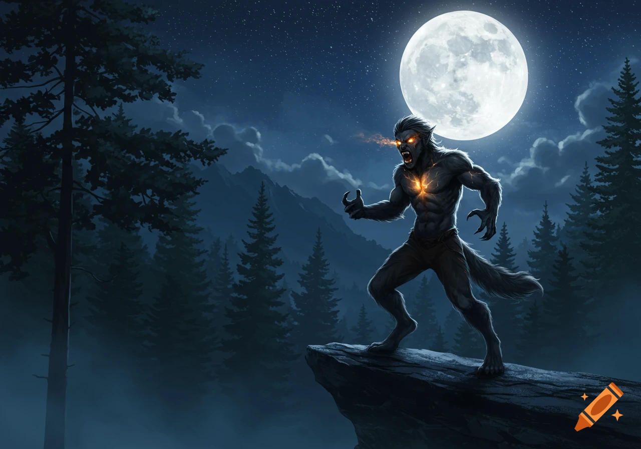 A snarling werewolf with glowing eyes and chest stands on a rock under a large full moon in a dark, misty forest.