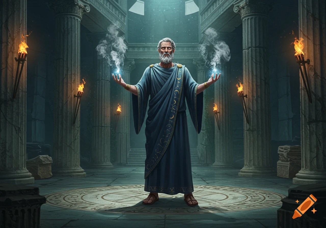 An ancient Greek magician with a white beard stands in a ruined temple, casting a spell with glowing blue energy and smoke from his hands.
