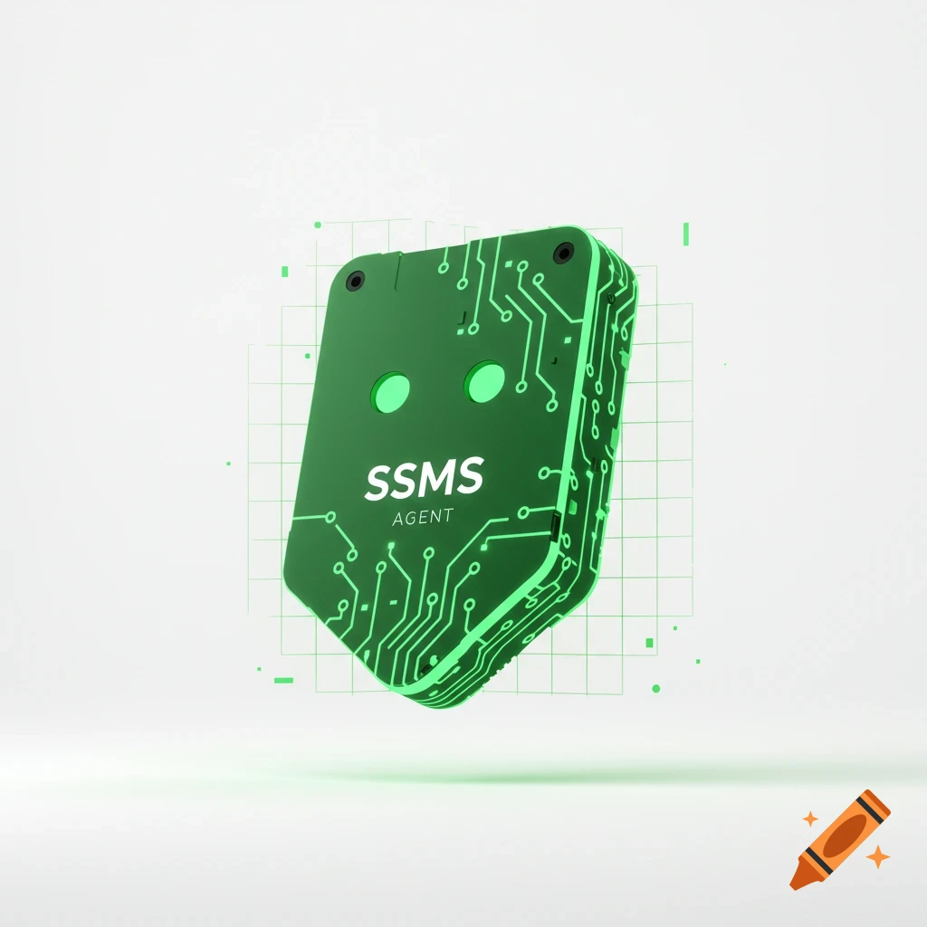 Green electronic device with glowing circuit patterns and 'SSMS AGENT' text on a white grid background.