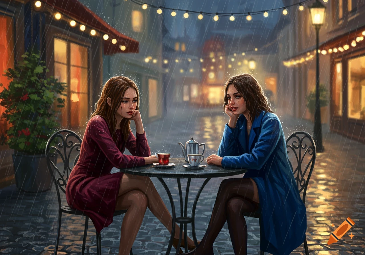 Two women sit at an outdoor cafe table in the rain at night, illuminated by string lights. One wears maroon, the other blue.