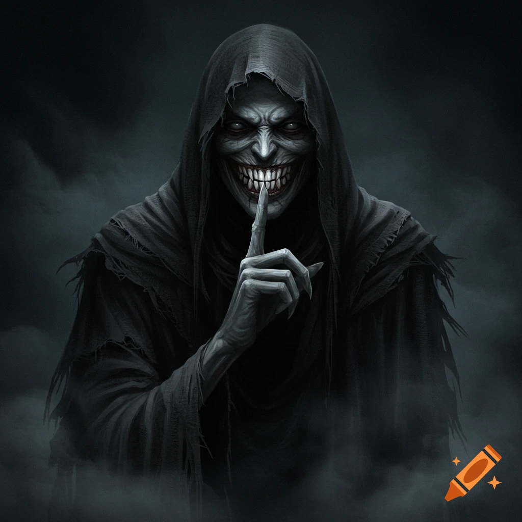 A sinister hooded figure with a sharp-toothed grin makes a 'shush' gesture with a boney finger in a dark, atmospheric horror style.