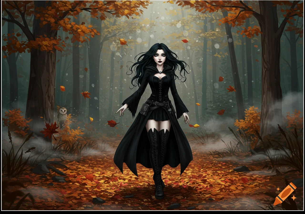 Illustrated goth woman with long black hair and a black dress standing in an autumn forest with falling leaves and an owl.