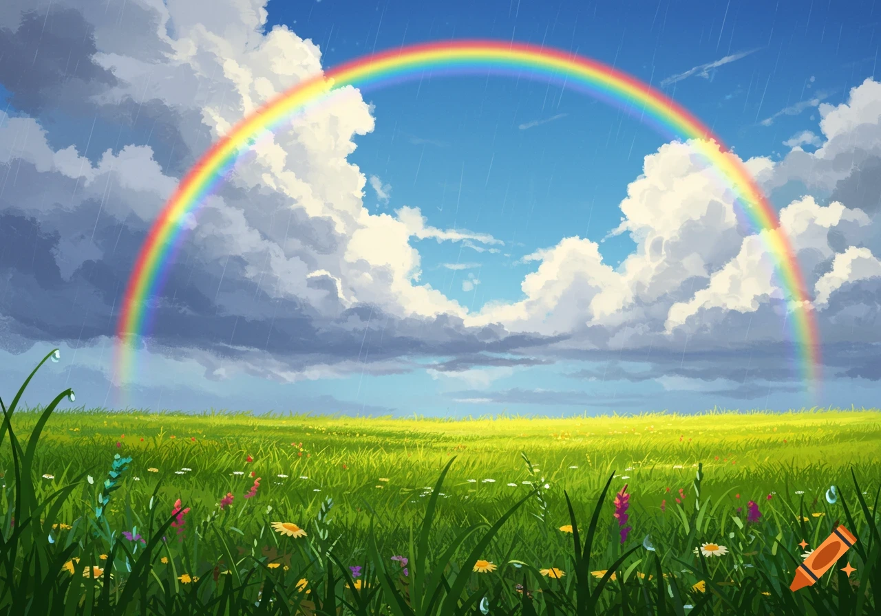 A vibrant rainbow arches high over a lush green field with colorful wildflowers, under a partly cloudy blue sky with visible rain streaks.