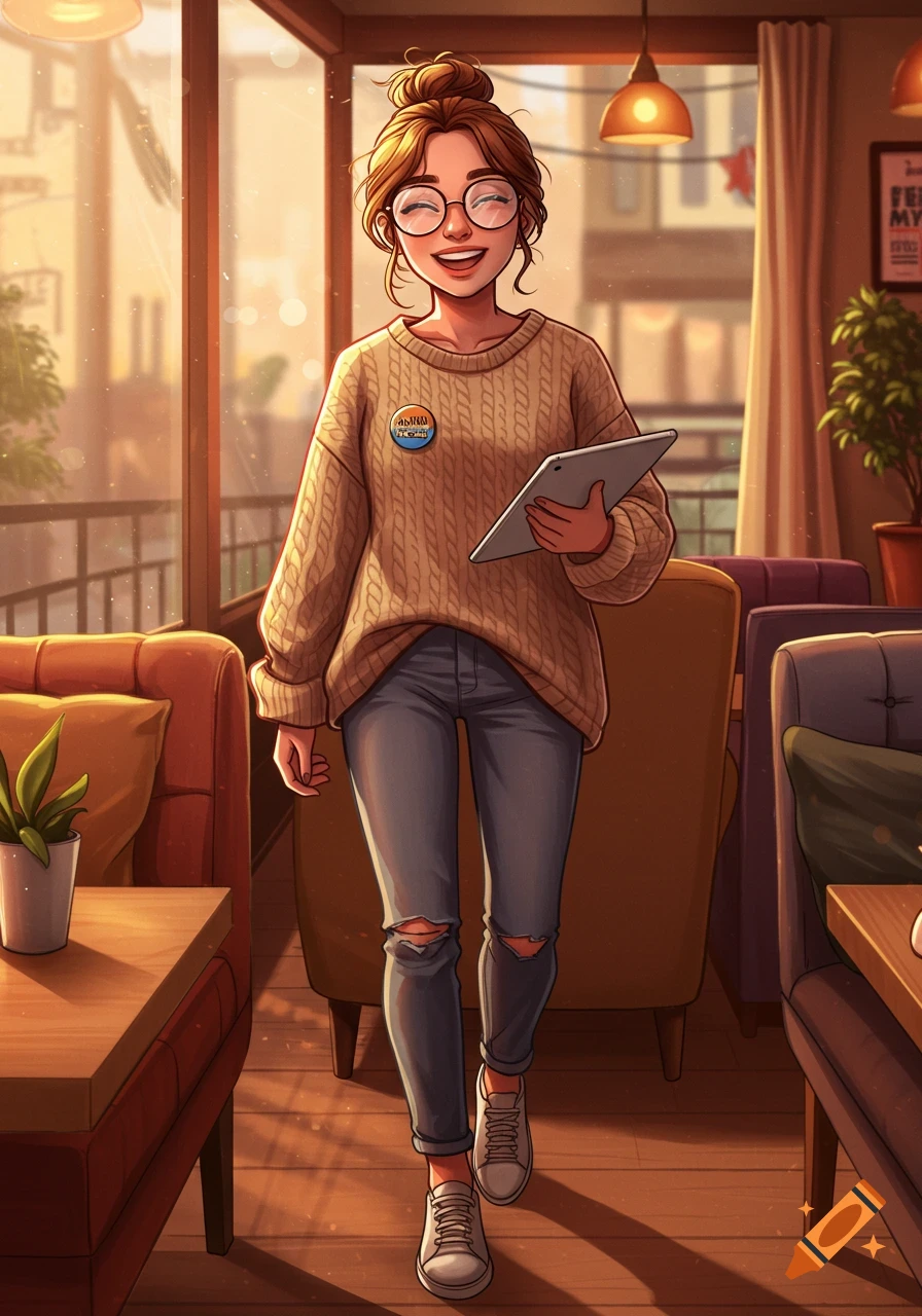 An animated illustration of a smiling young woman with a messy bun and glasses, wearing a sweater and jeans, holding a tablet in a cozy cafe.