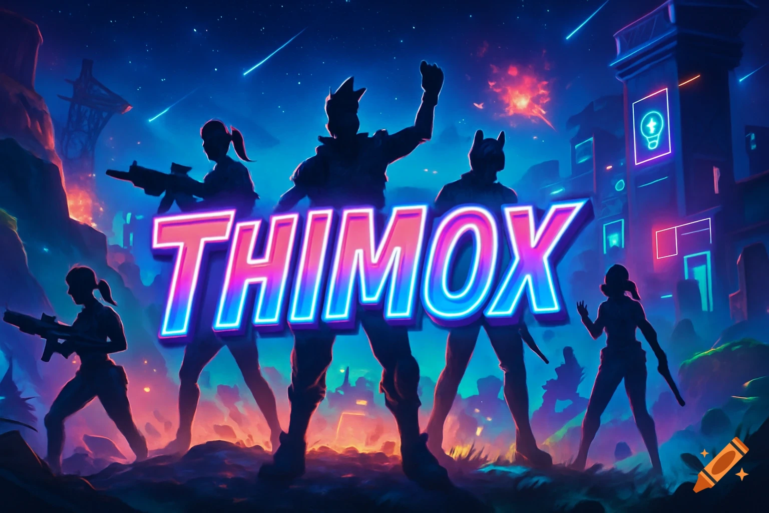 Silhouetted characters with weapons stand in a neon-lit, futuristic landscape under a starry sky, with glowing 'THIMOX' text.